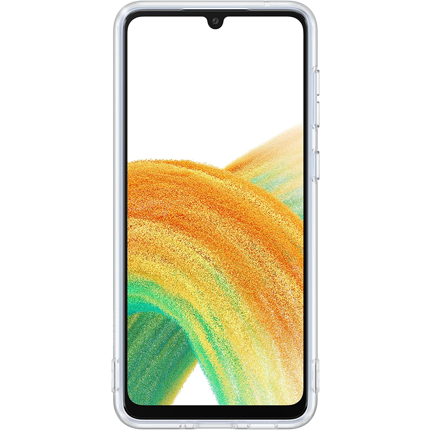 Un smartphone en una funda transparente, con un fondo colorido.