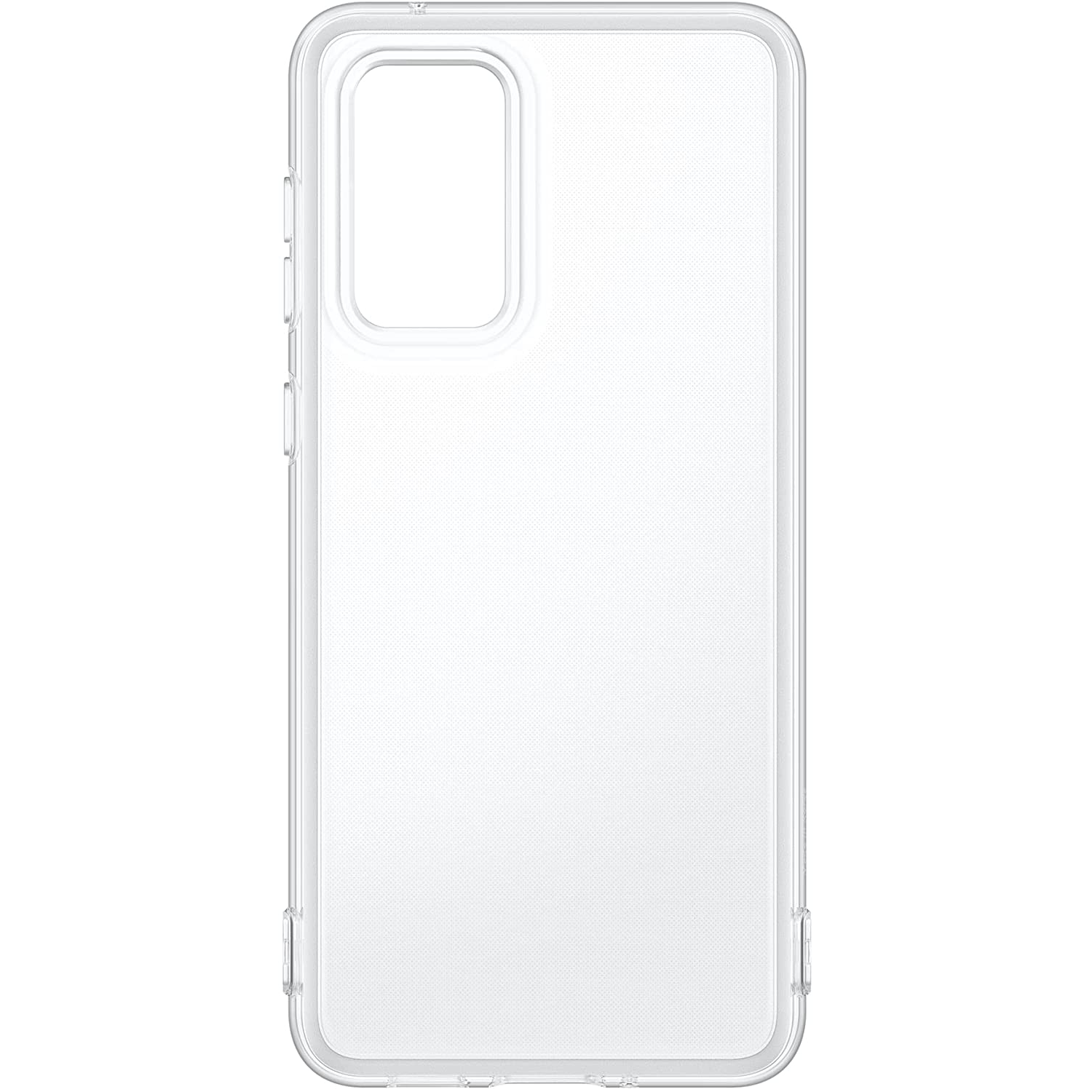 Funda transparente para teléfono. Tiene una abertura rectangular para la cámara y botones.
