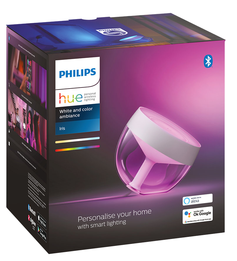 Philips Hue okoslámpa, egy doboz lámpával és a "személyes vezeték nélküli világítás" szavakkal.