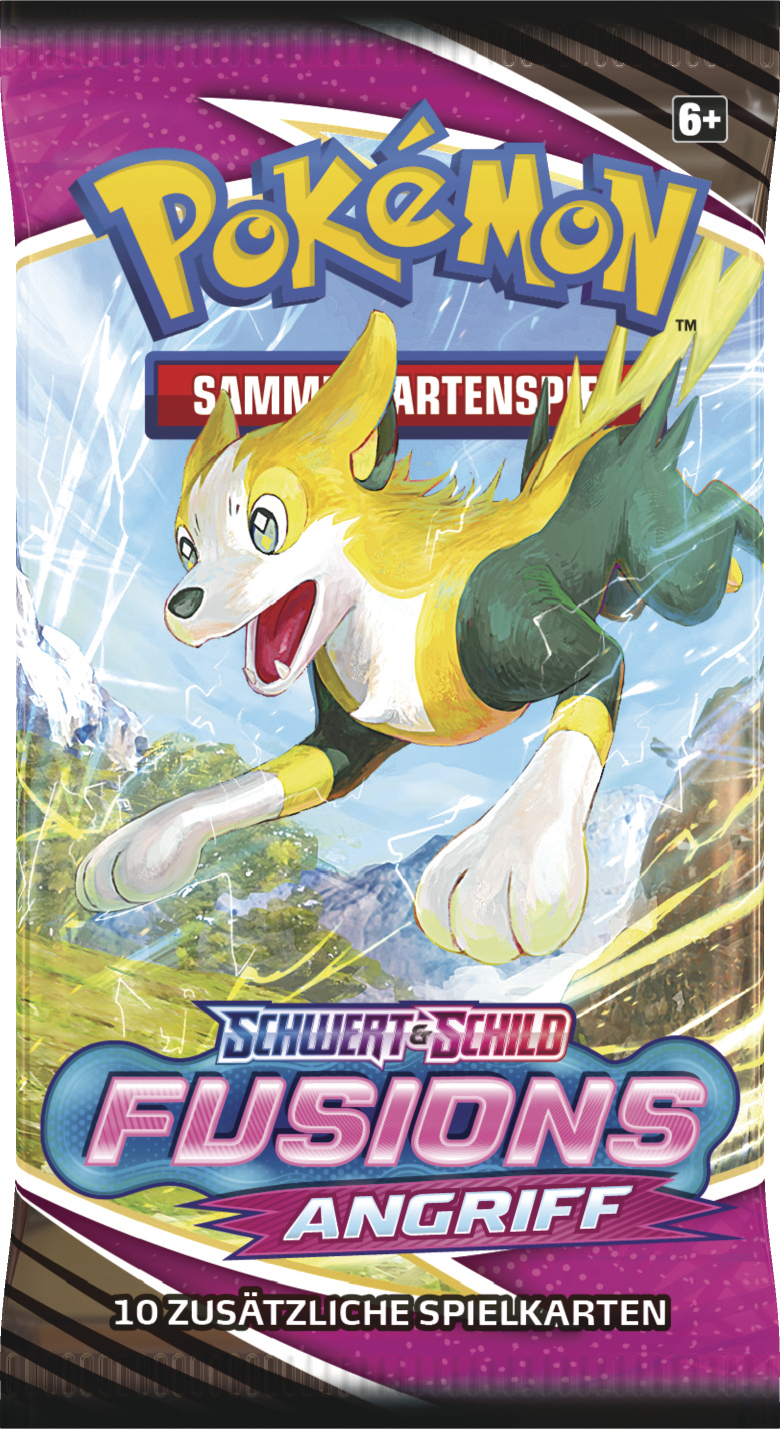 Eine Pokémon-Sammelkartenpackung mit einem gelben hundeartigen Wesen, betitelt 'Fusionsangriff'.