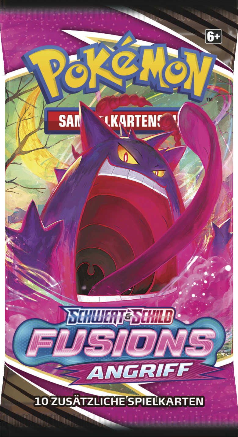 Pokemon-Kartenpackung mit Gengar-Bild. Die Packung hat Text auf Deutsch und einen weißen Hintergrund.