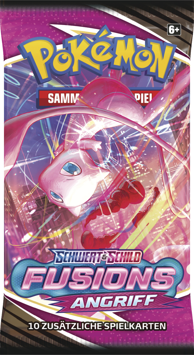 Pokemon TCG Boosterpack. Rosa, blaue und gelbe Farben. Text: Schwert & Schild Fusionen Angriff.