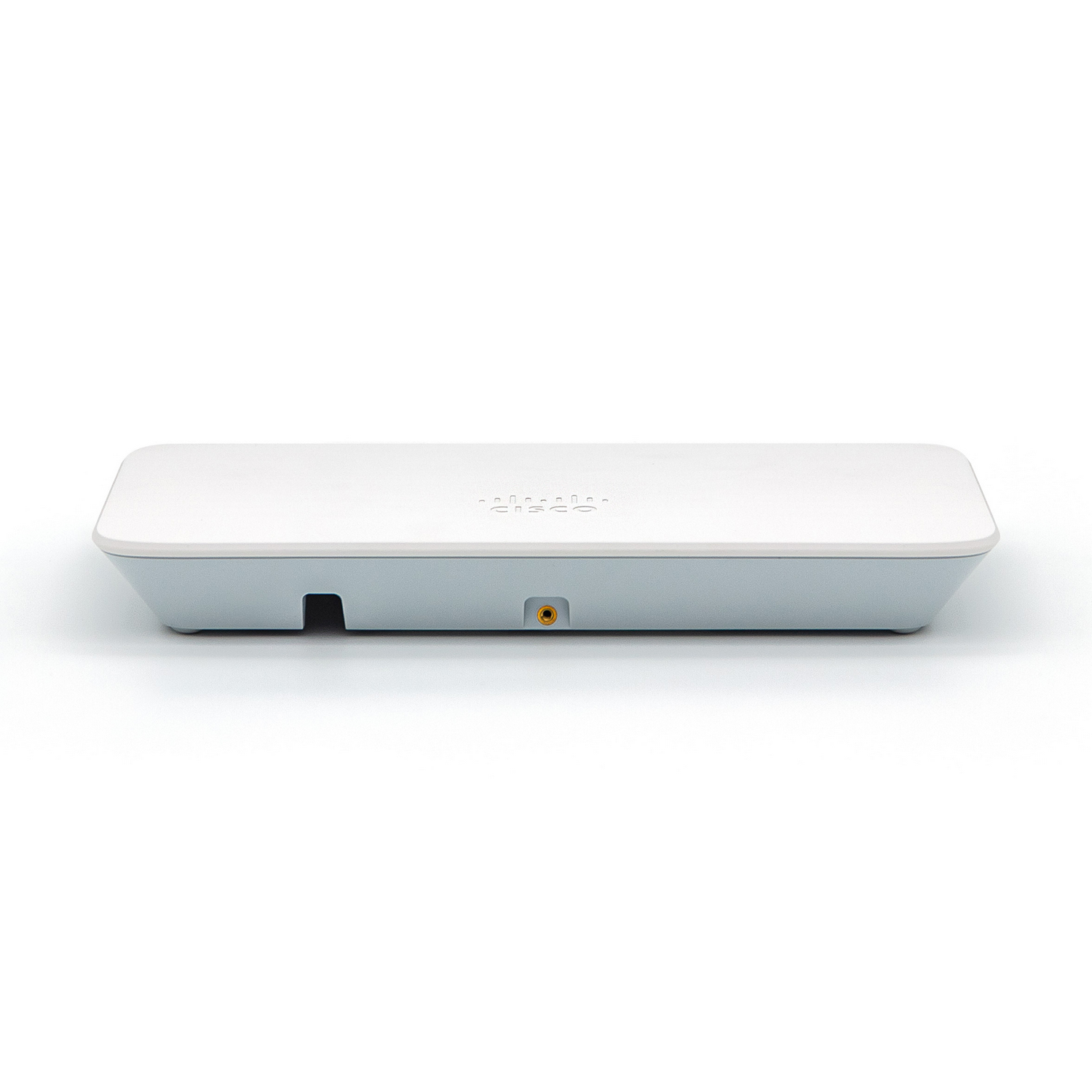 Dispositivo de red Cisco blanco y rectangular. Tiene un logotipo de Cisco y algunos puertos de conexión.