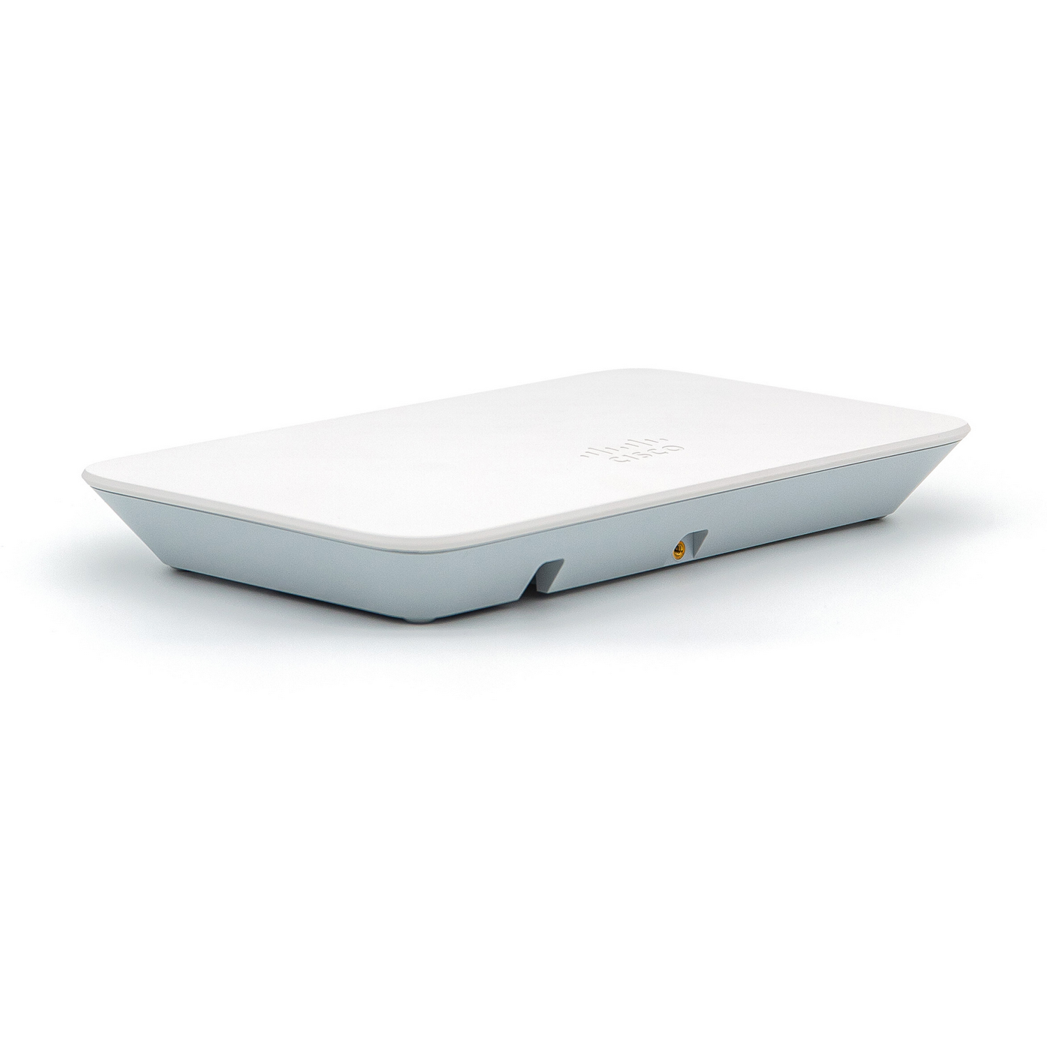 Un dispositivo Cisco blanco y rectangular con base azul claro, aislado sobre fondo blanco.