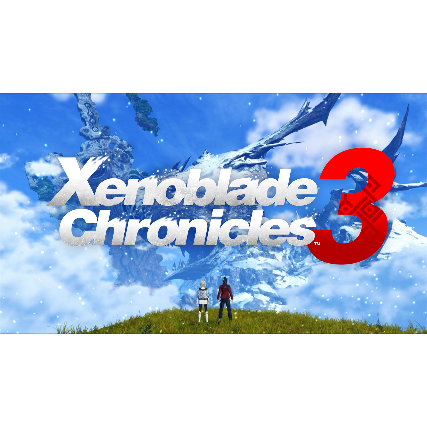 Portada del juego Xenoblade Chronicles 3. Dos figuras están de pie en una colina frente a una estructura gigante.