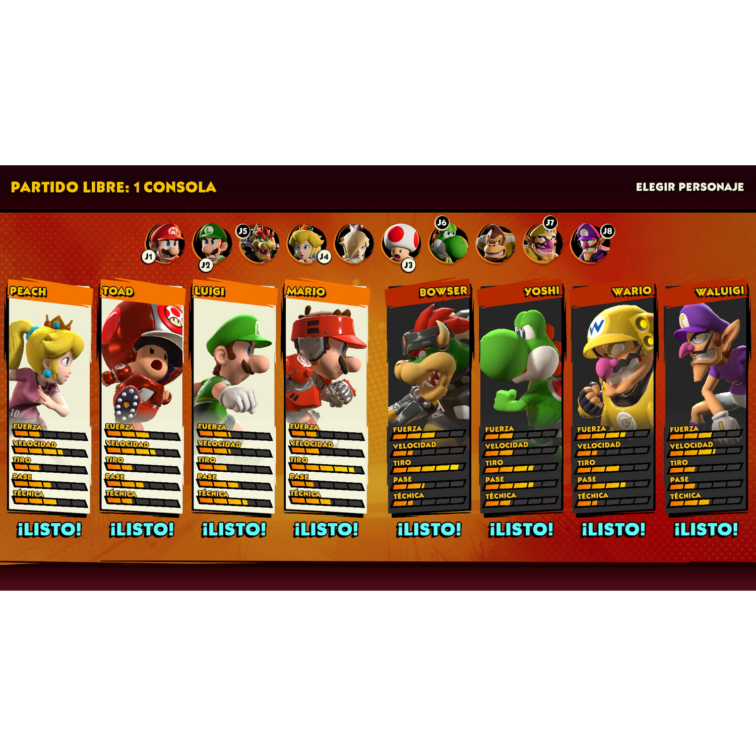 Pantalla de juego libre con personajes de Mario, mostrando estadísticas y botones de listo.