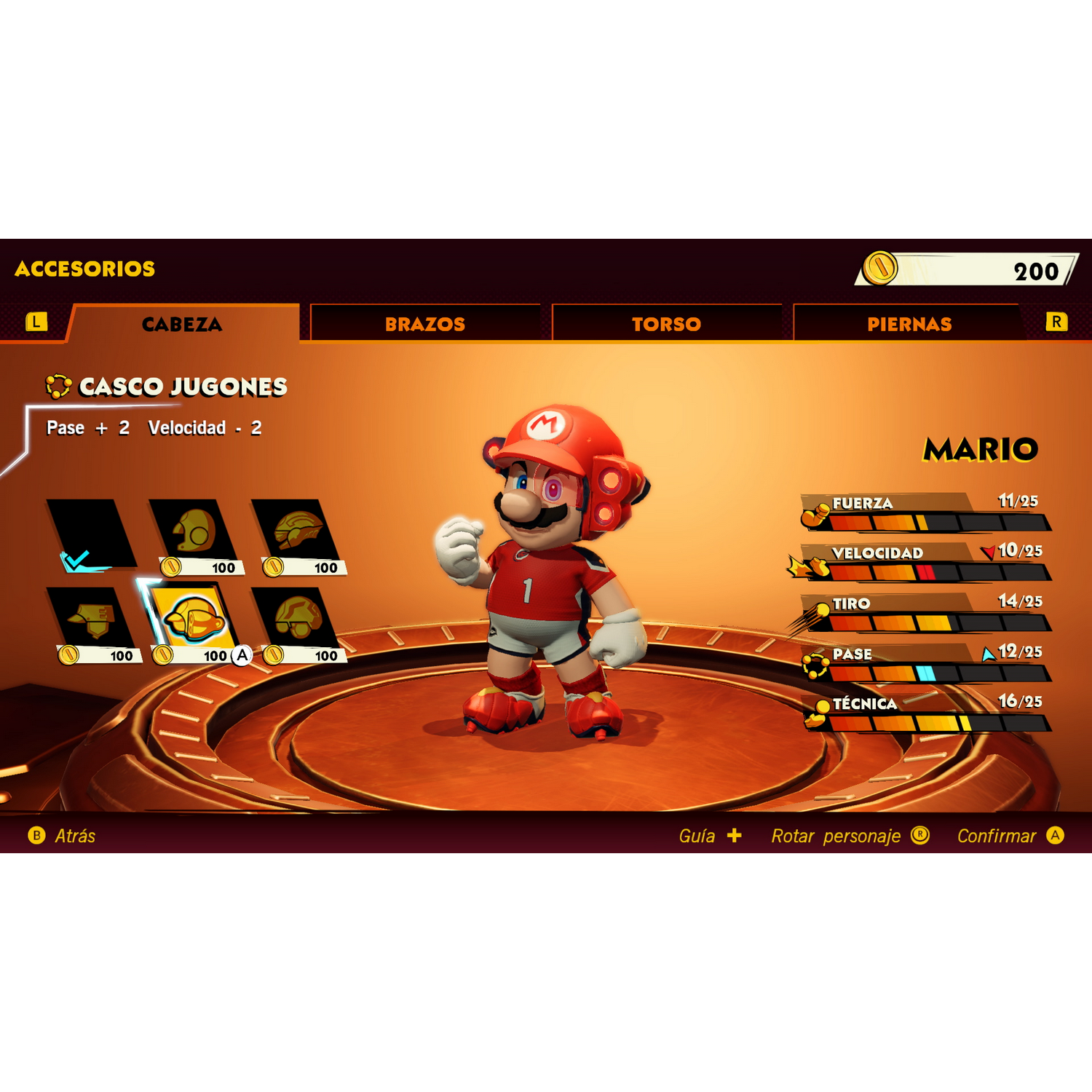 Mario con equipamiento de fútbol en un menú de juego. Estadísticas de habilidades como fuerza y tiro.