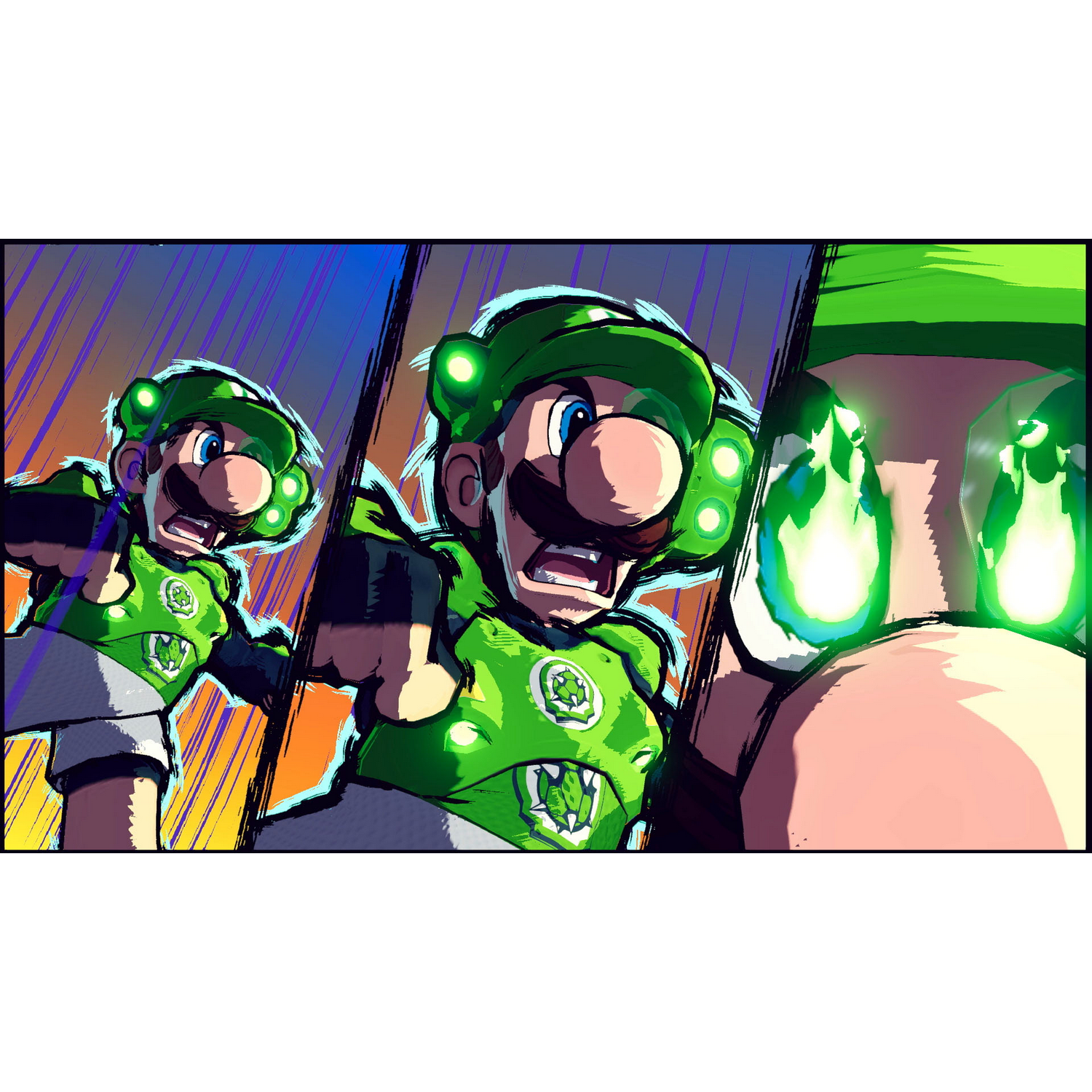 Panel de cómic de Luigi en traje verde con ojos brillantes y expresión enfadada.