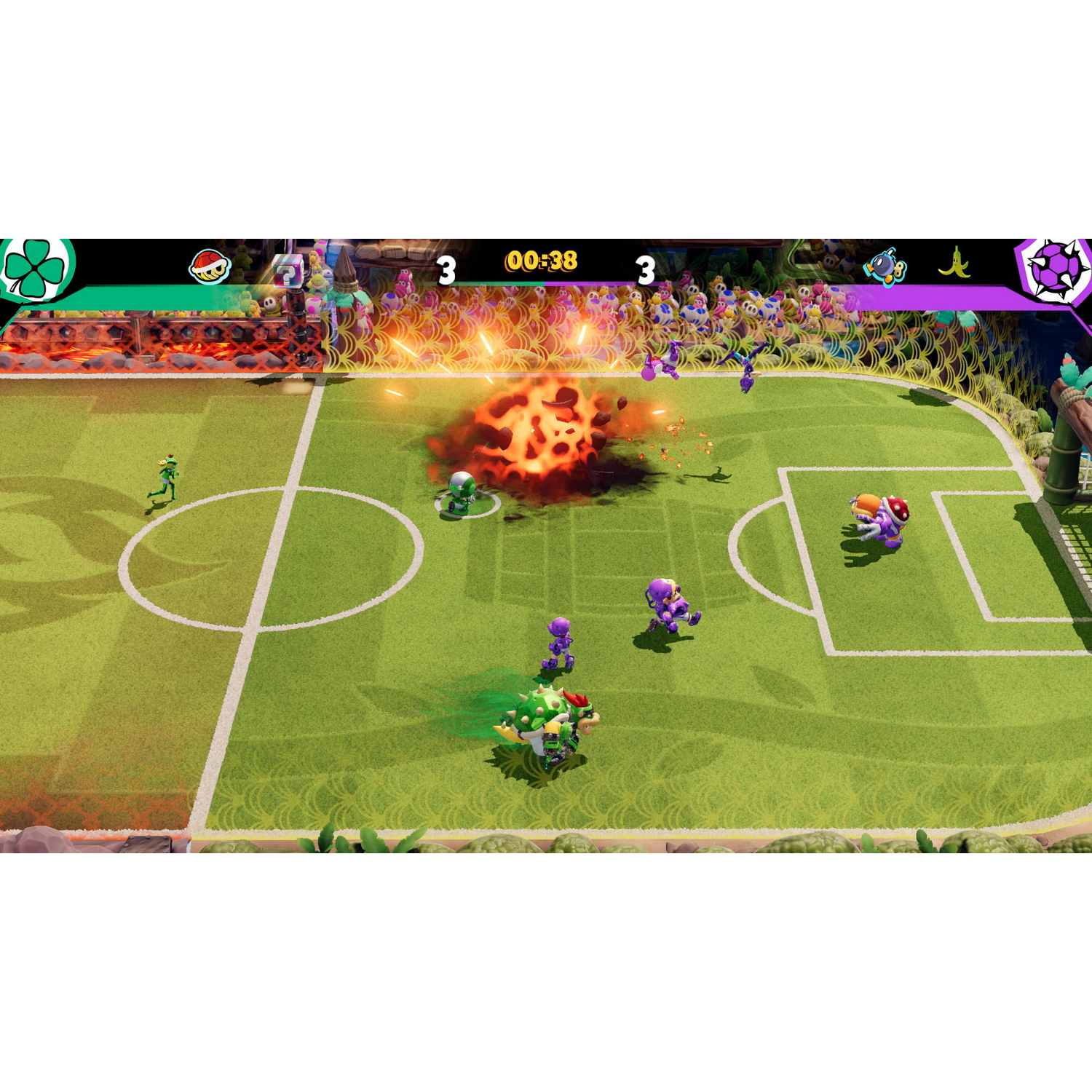 Una escena de videojuego con jugadores de fútbol, un estadio y una explosión en el campo.