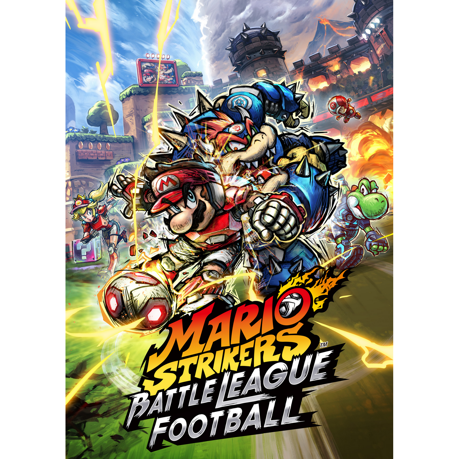 Portada del juego Mario Strikers: Battle League Football. Mario y otros personajes juegan al fútbol.