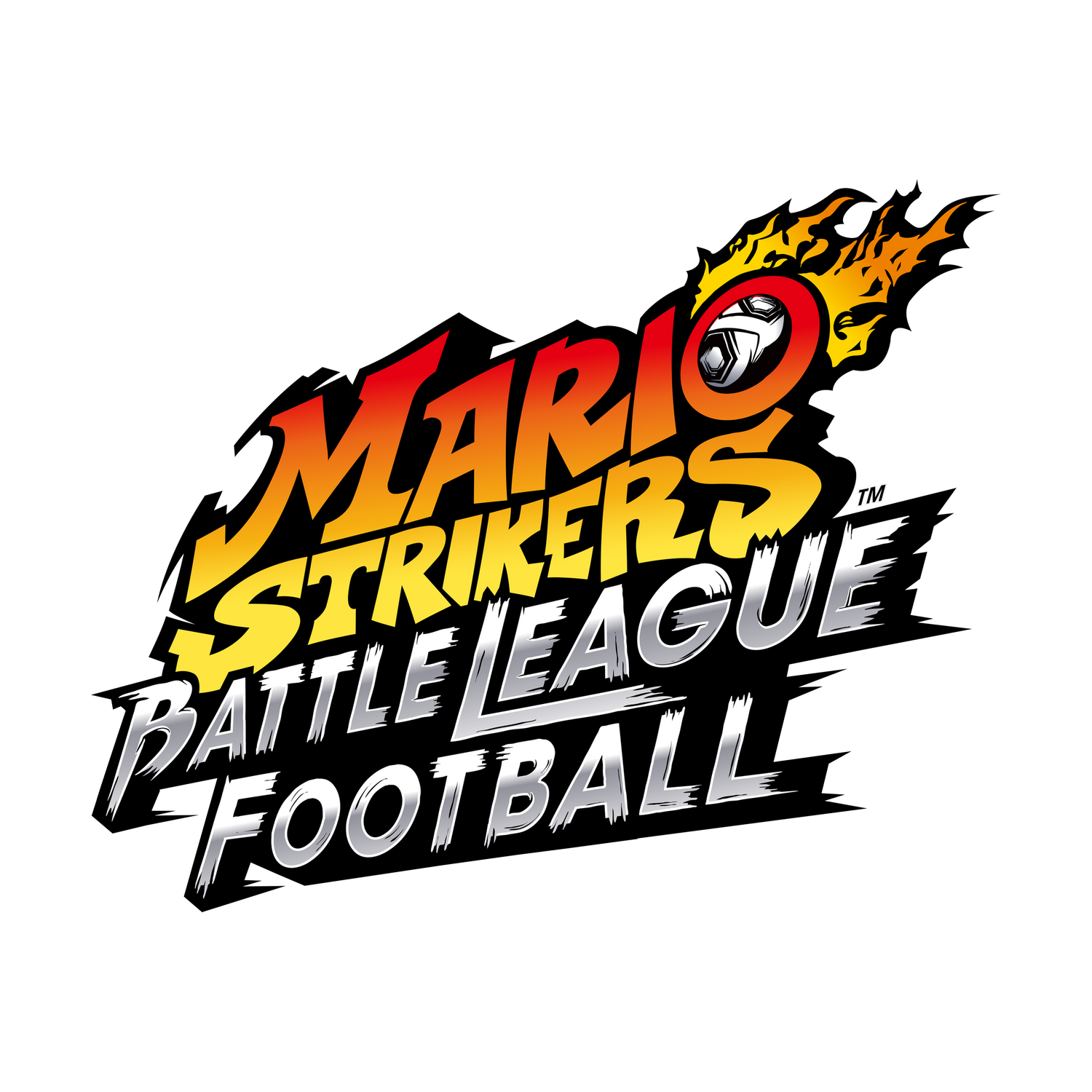 Logotipo de Mario Strikers: Battle League Football con texto y un balón de fútbol en llamas.