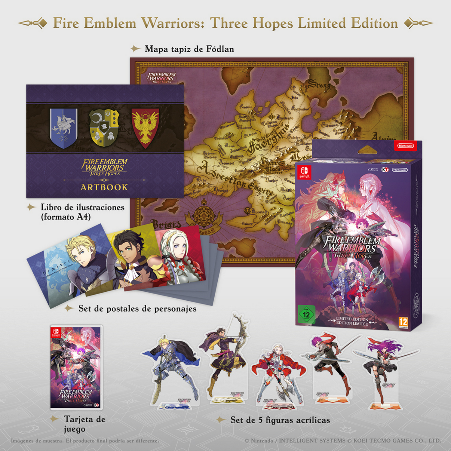 Juego Fire Emblem Warriors: Three Hopes Limited Edition, con figuras y libro de arte.