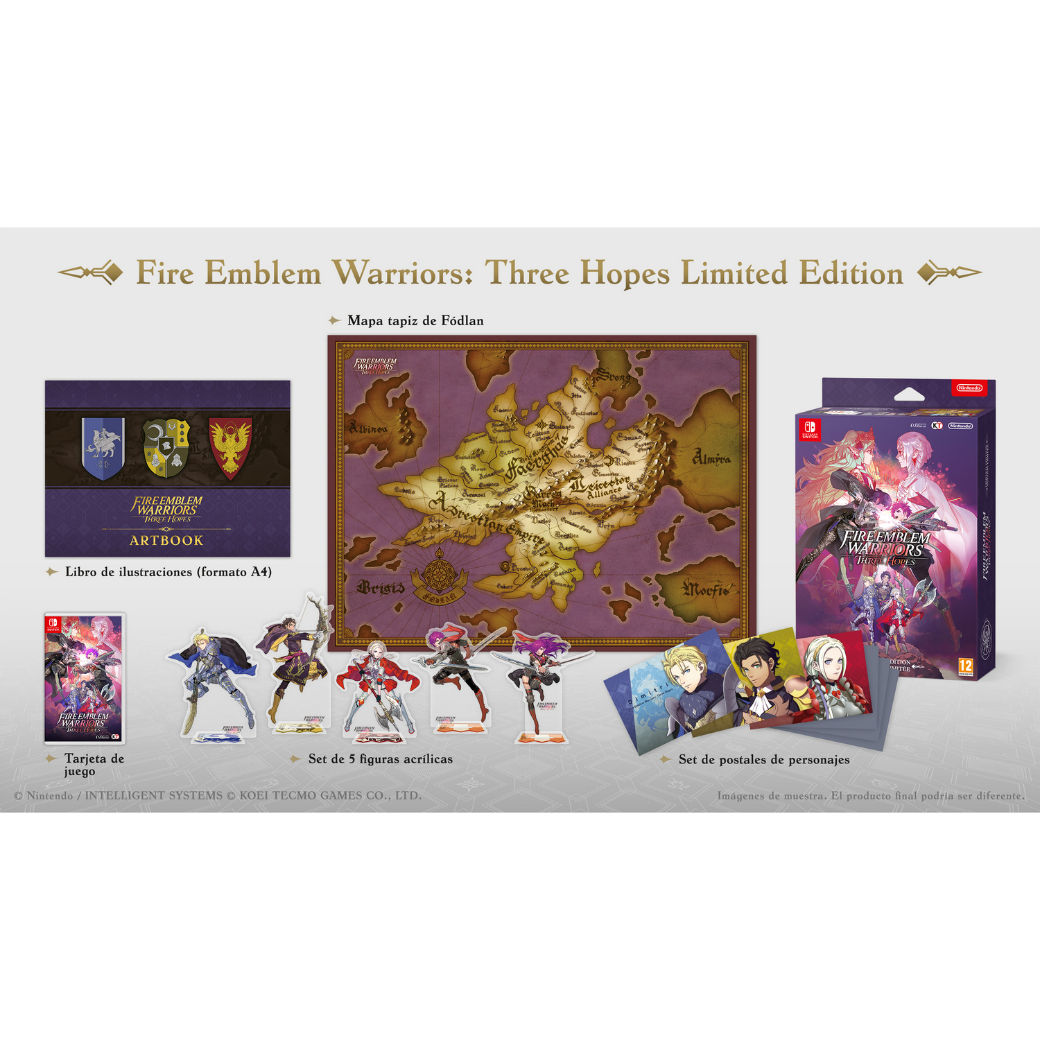 Un conjunto de artículos del juego Fire Emblem Warriors: Three Hopes Limited Edition sobre un fondo blanco.