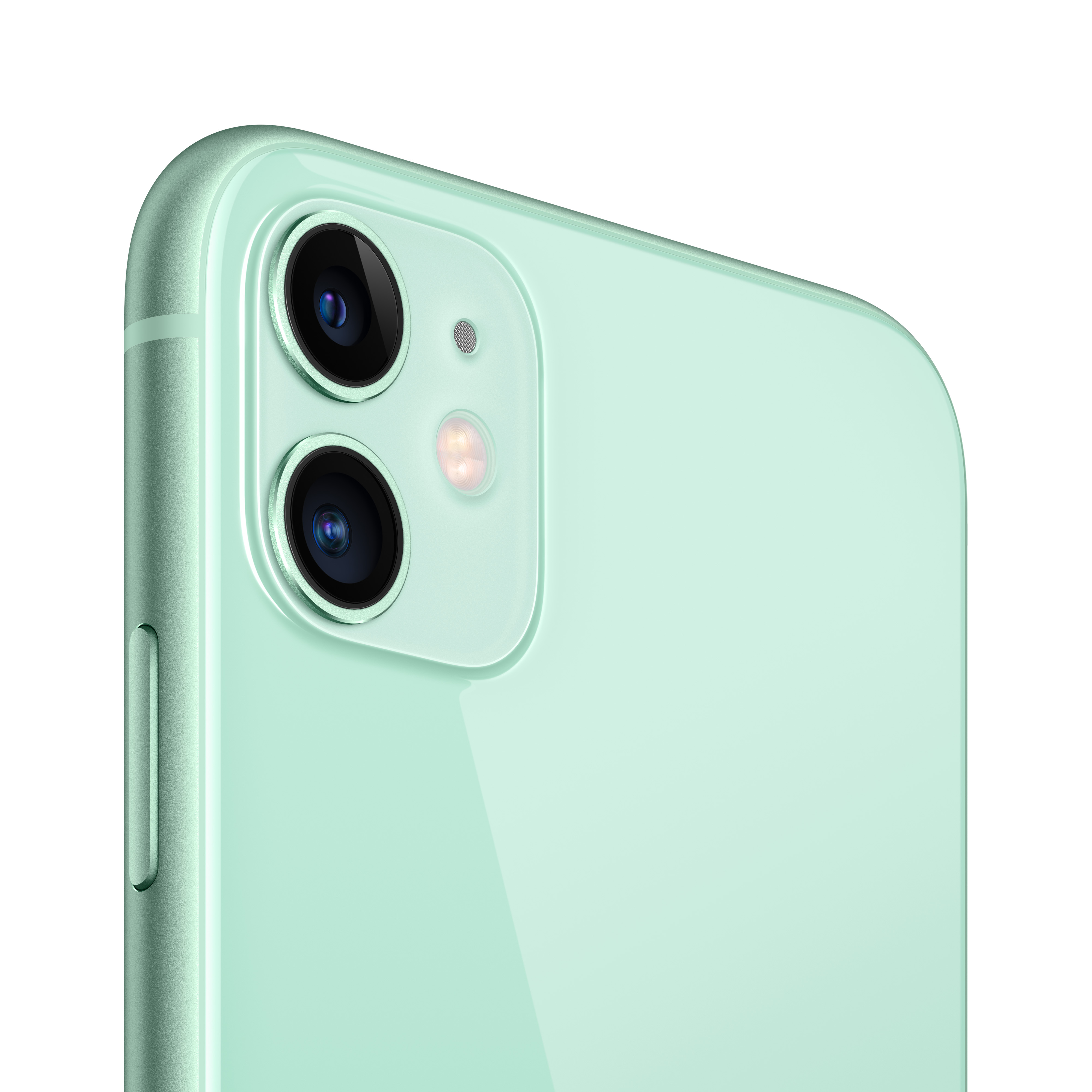 Çift kameralı, nane yeşili bir iPhone 11'in yakın çekimi.