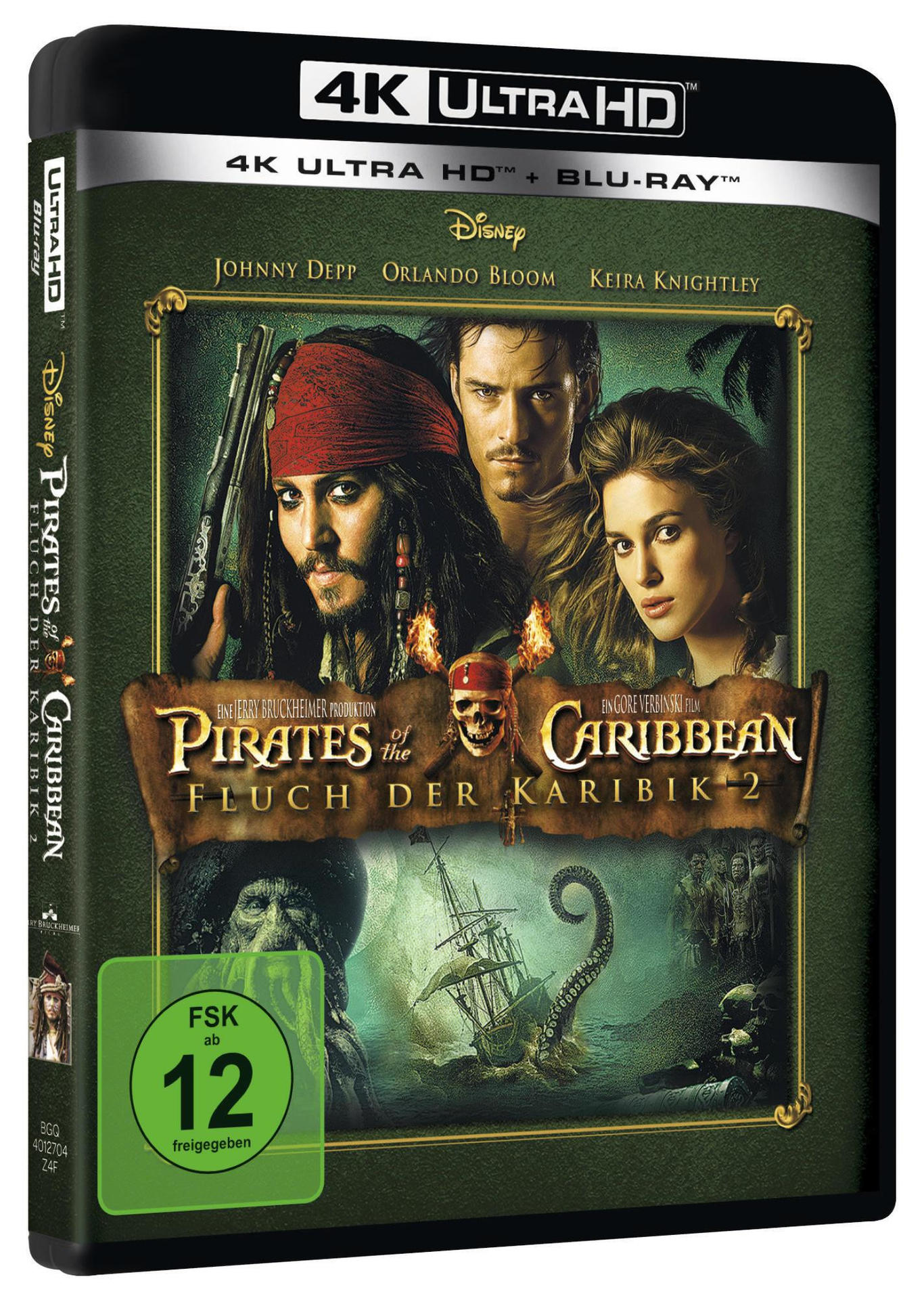 Pirates of the Caribbean 2 Blu-ray-Disc-Cover mit Johnny Depp und Keira Knightley.