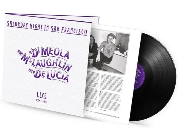 Albumcover "Saturday Night in San Francisco". Album zeigt eine Schallplatte, Fotos und Text. Lila Schrift auf weißem Hintergrund.
