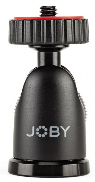 Black Joby ball head for a tripod. It is a close-up shot with the Joby logo visible.