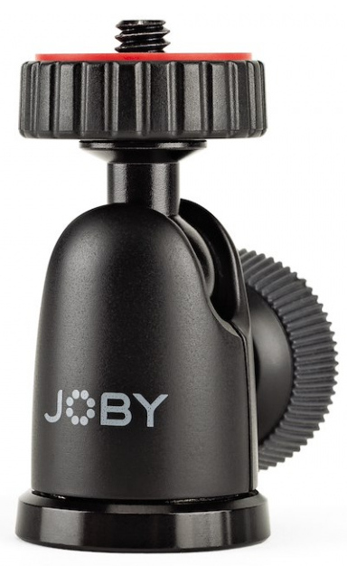 A black Joby ball head for a camera, with a red knob.