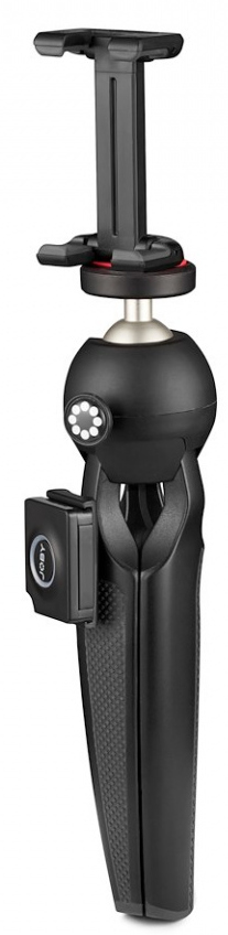Zwart statief voor een telefoon. Het heeft een telefoonhouder aan de bovenkant en een lamp aan de zijkant. Witte achtergrond.