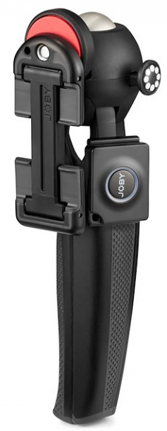 Zwarte Joby statief/selfiestick combo. Voorzien van een telefoonhouder, knop en verstelbare kop.