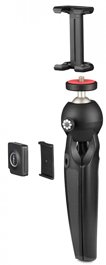 Zwart statief met afneembare telefoonhouder en accessoires. Witte achtergrond.