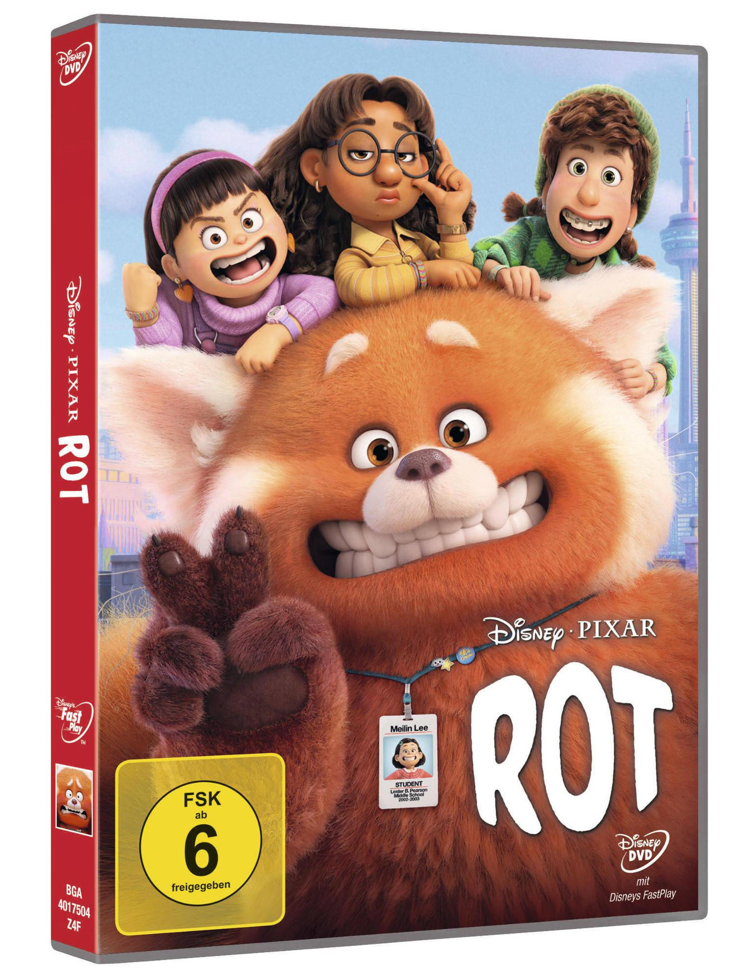 DVD-Hülle für den Film Turning Red. Charaktere auf dem Cover. Rotes Gehäuse mit Text.