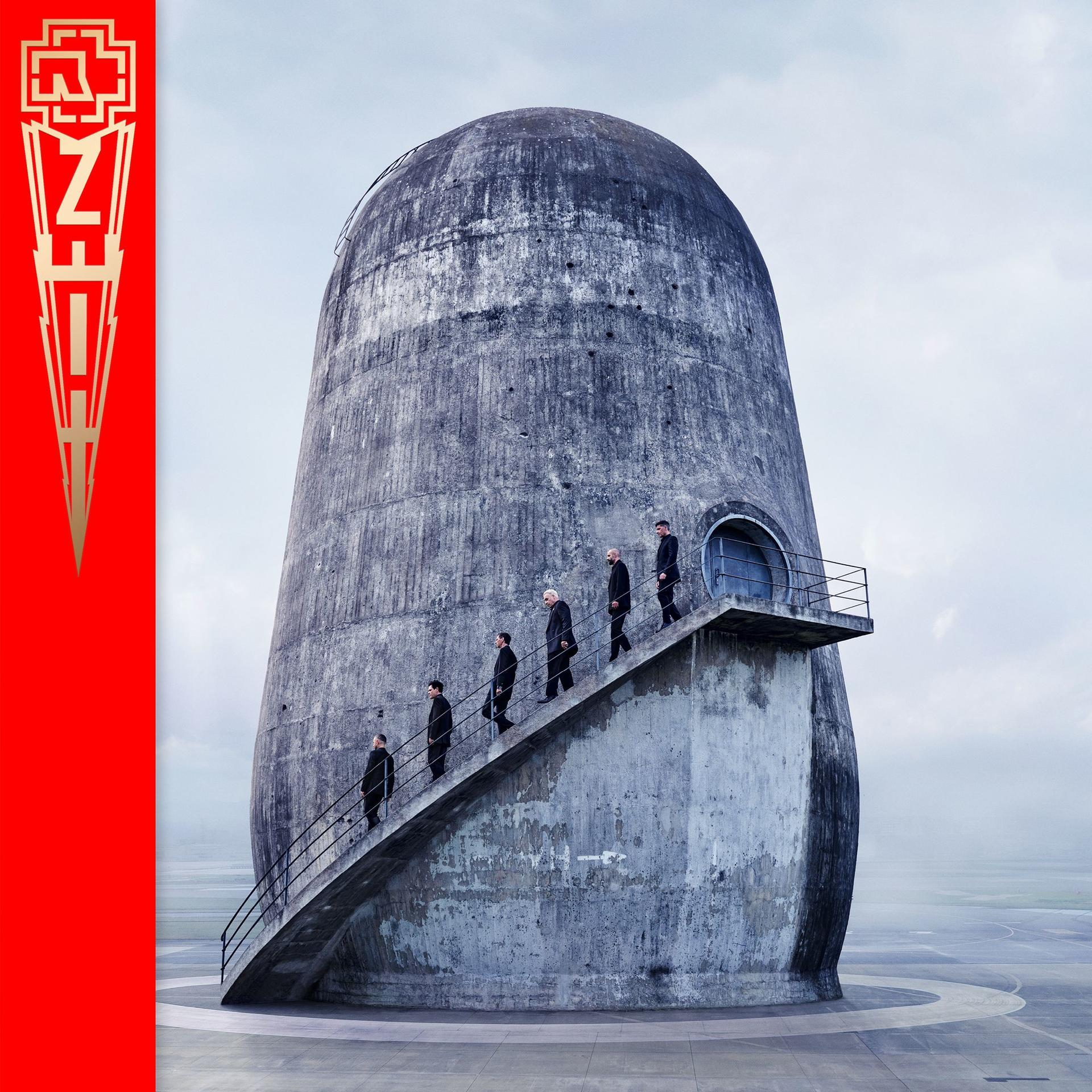 Rammstein album cover. Features band members walking up stairs on a large concrete structure.