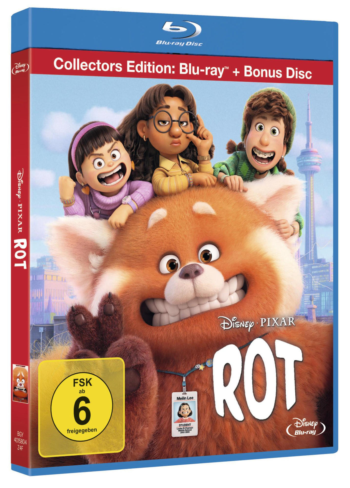 Blu-ray-Box-Set für den Film Turning Red. Die Box hat den Titel und die Charaktere des Films.
