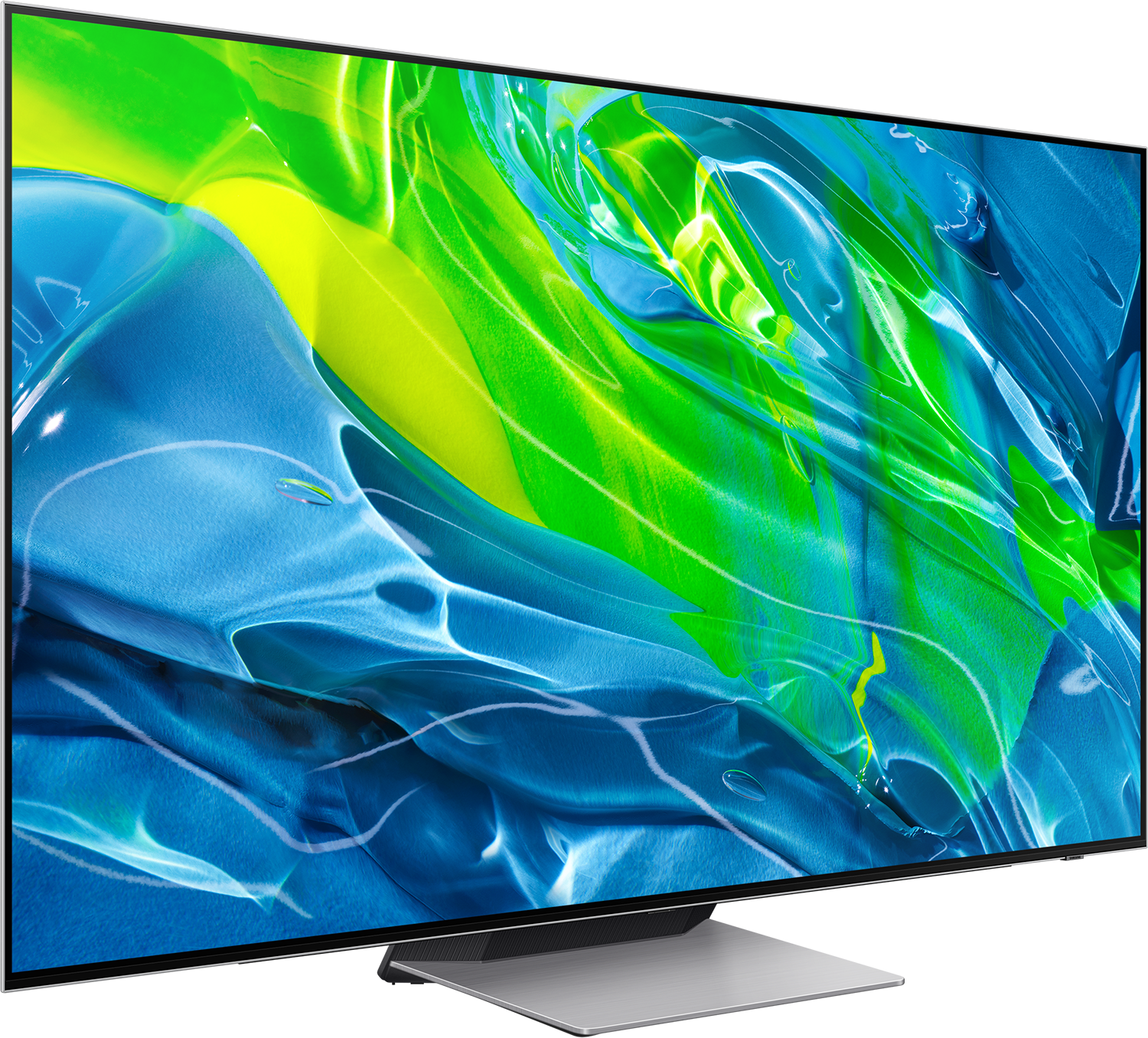Groot tv-scherm met kleurrijke abstracte kunst. De tv is zwart. De achtergrond is wit.