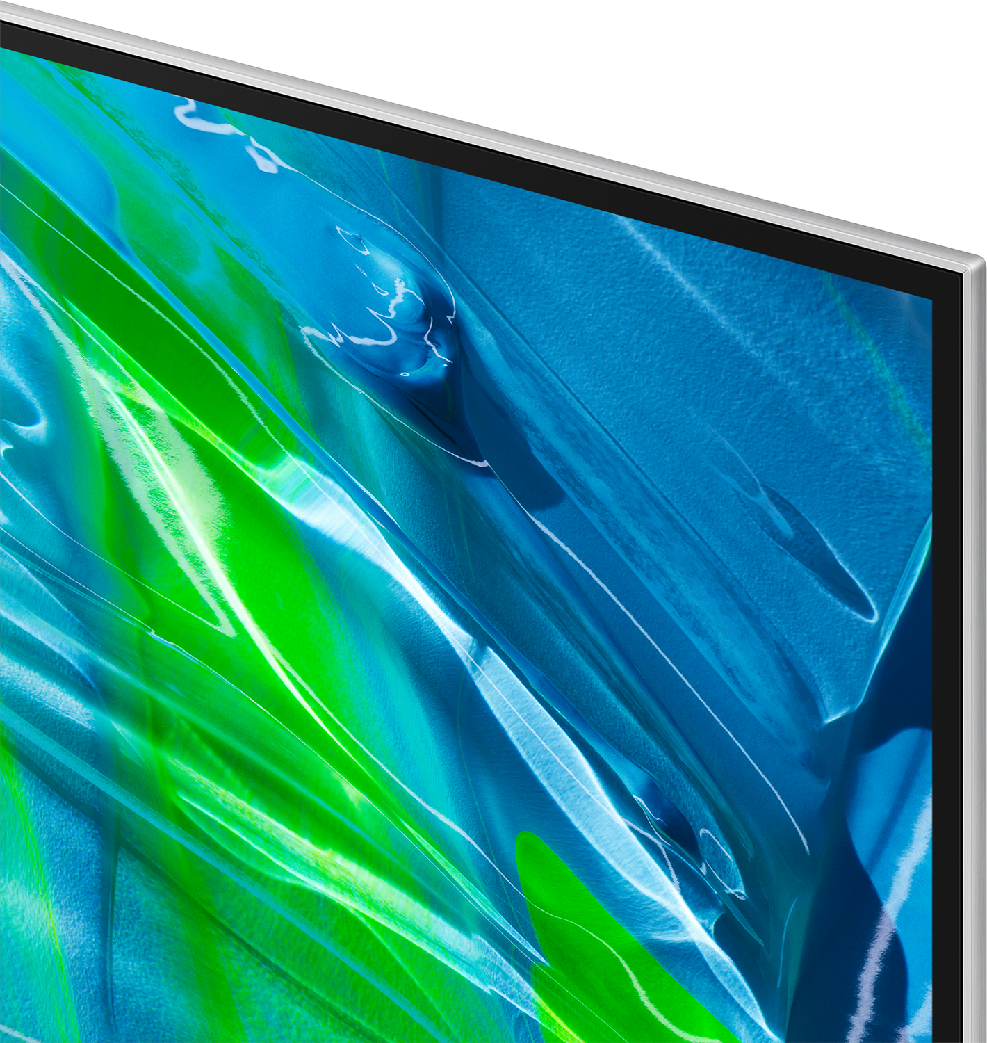 Close-up van een tv-scherm met abstracte blauwe en groene kleuren.
