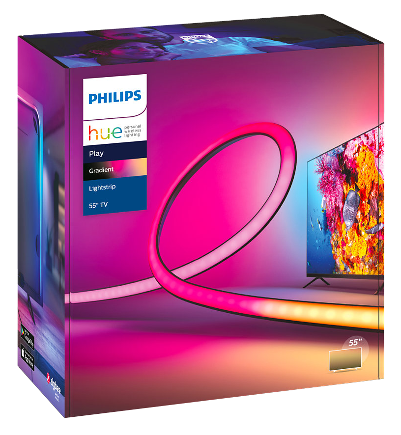 Philips Hue doboz fénycsíkkal és TV-vel. A doboz egy színes TV képernyőt mutat.