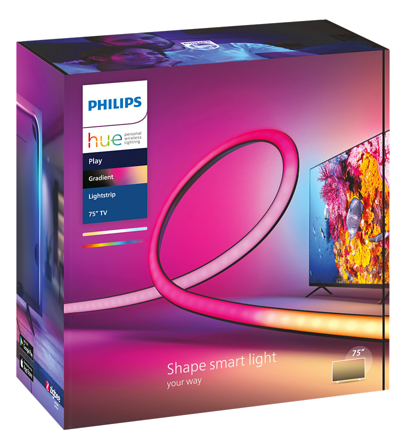 Doboz Philips Hue fénycsíkkal. A dobozon a fénycsík képe látható.