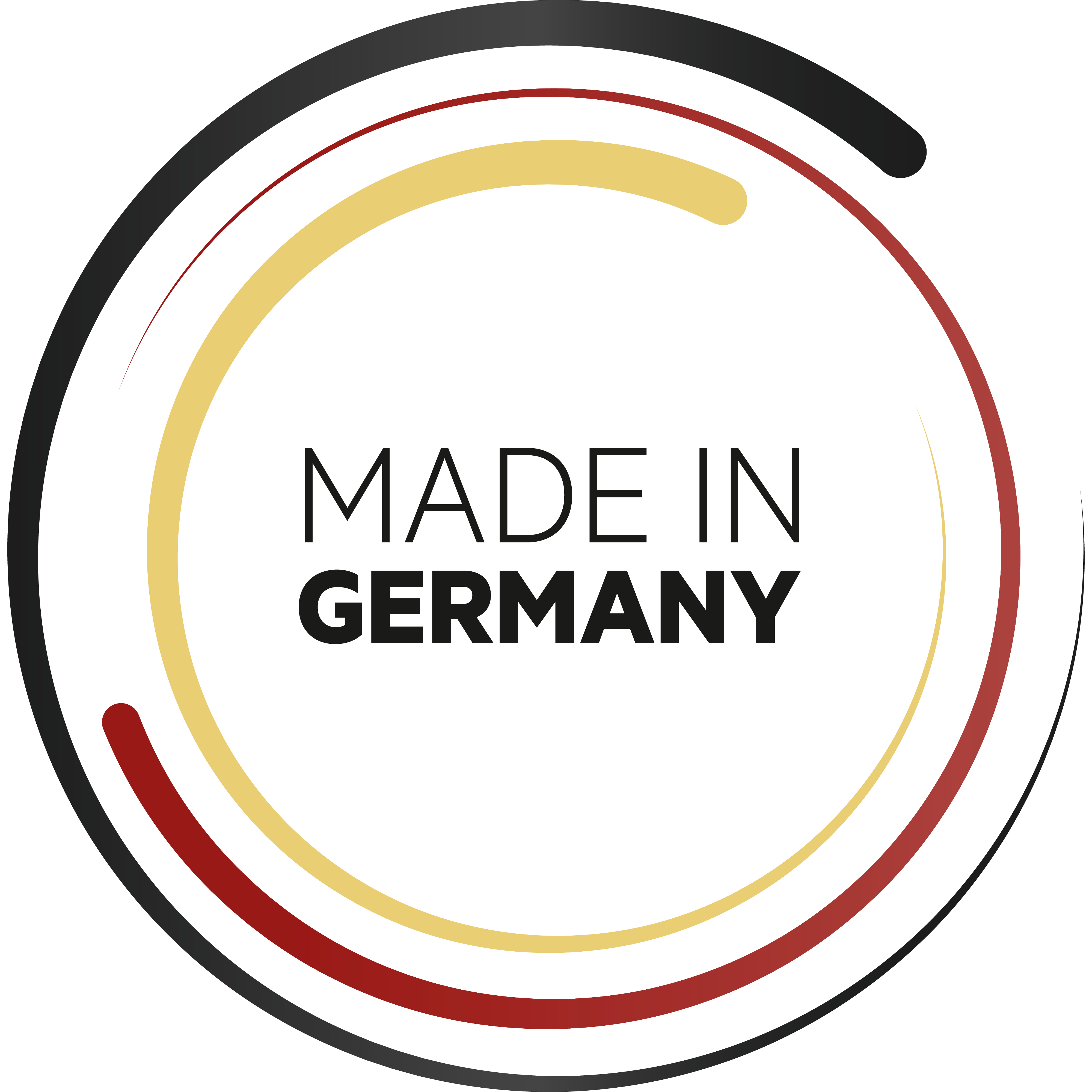 Schwarzer Kreis mit gelbem und rotem Ring, Text 'MADE IN GERMANY'.