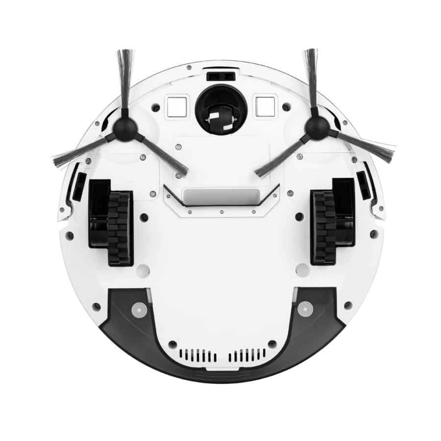 Robot porszívó alja. Két kerék, kefék, fekete-fehér dizájn.