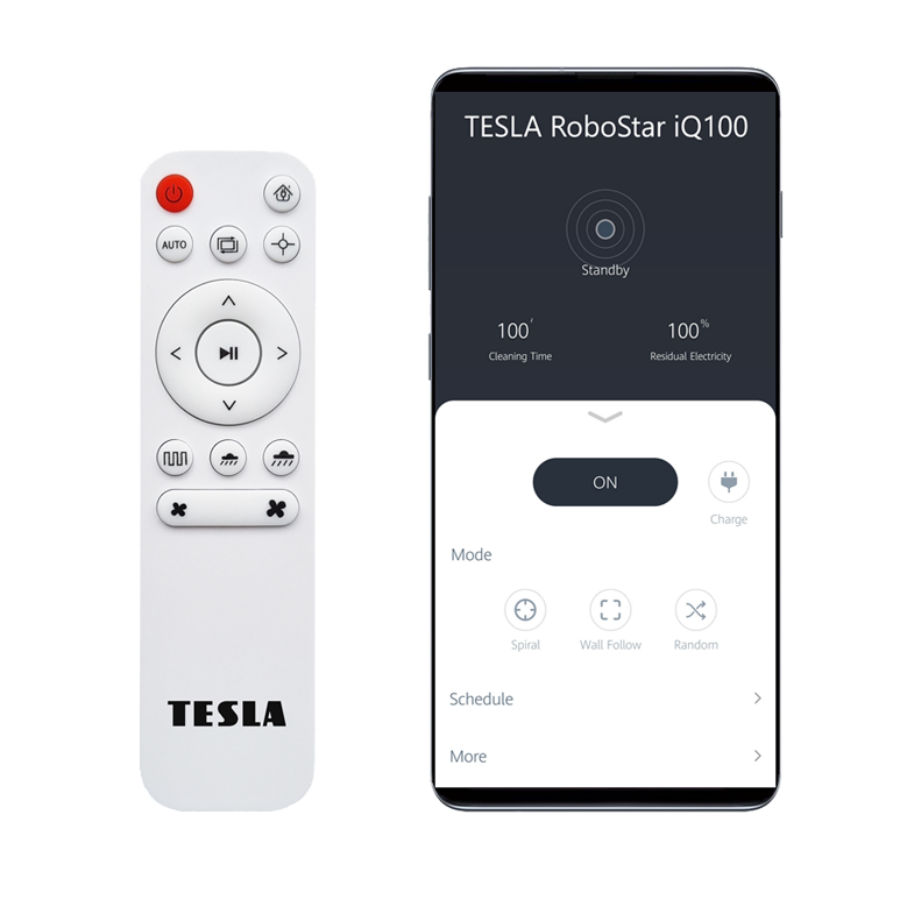 Távirányító és okostelefon képernyő, amely egy Tesla RoboStar iQ100 porszívó felületét mutatja.