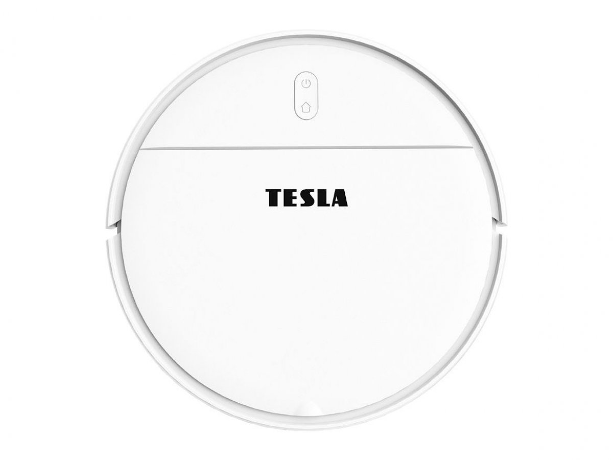Fehér Tesla robotporszívó, felülnézet. A 'TESLA' szó van rá nyomtatva.