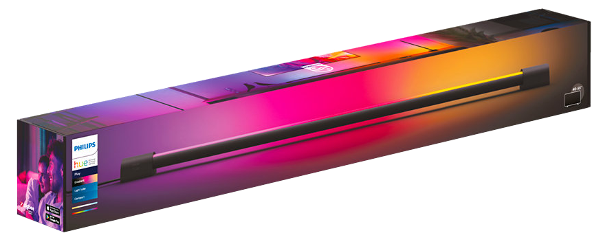 Egy Philips Hue Play lámpasáv a csomagolásában. A doboz színes, sötét háttérrel.