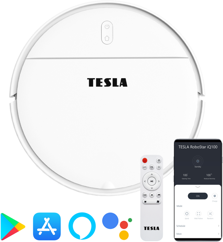 Fehér Tesla RoboStar iQ100 robotporszívó tartozékokkal.
