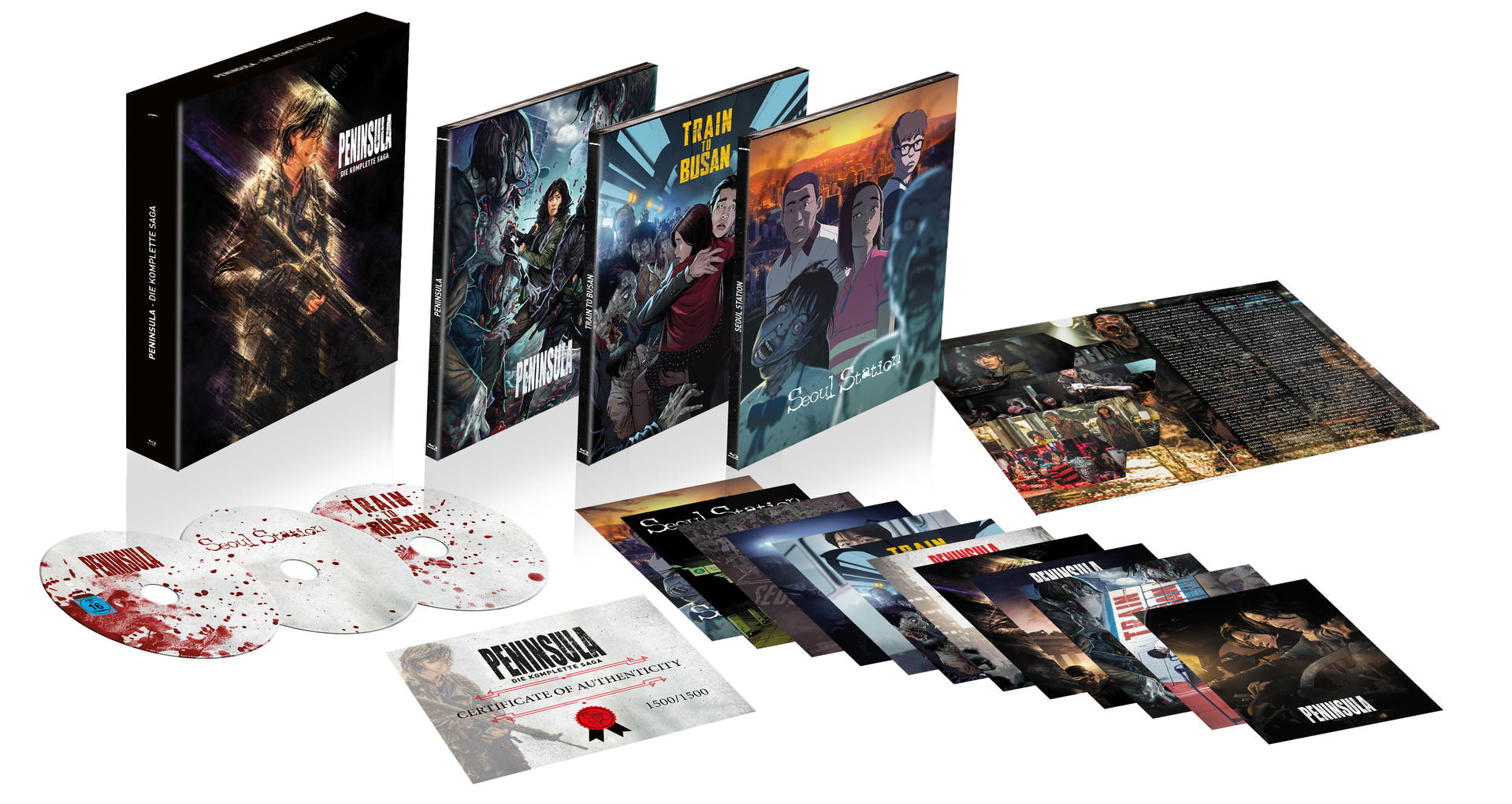 Film-Box-Set. Mehrere DVDs, Buch und andere Einlagen. Titel 'Train to Busan' und 'Peninsula'.
