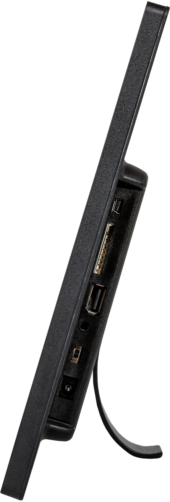 Fekete digitális képkeret. USB-t, HDMI-t és más portokat mutat.