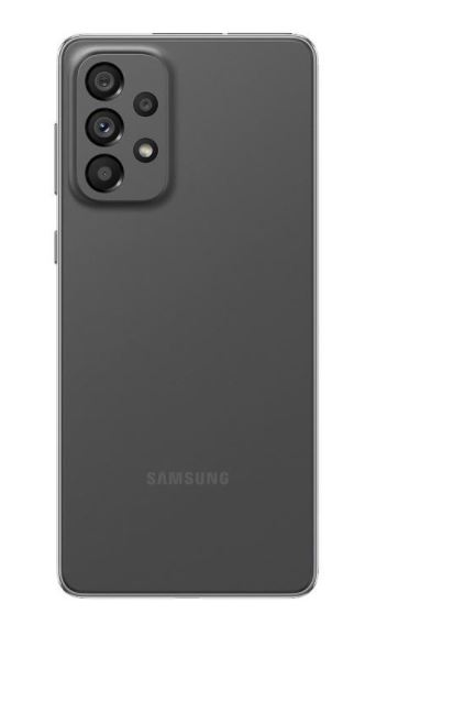 Koyu gri Samsung telefonun arkası. Çoklu kameraları ve Samsung logosu var.