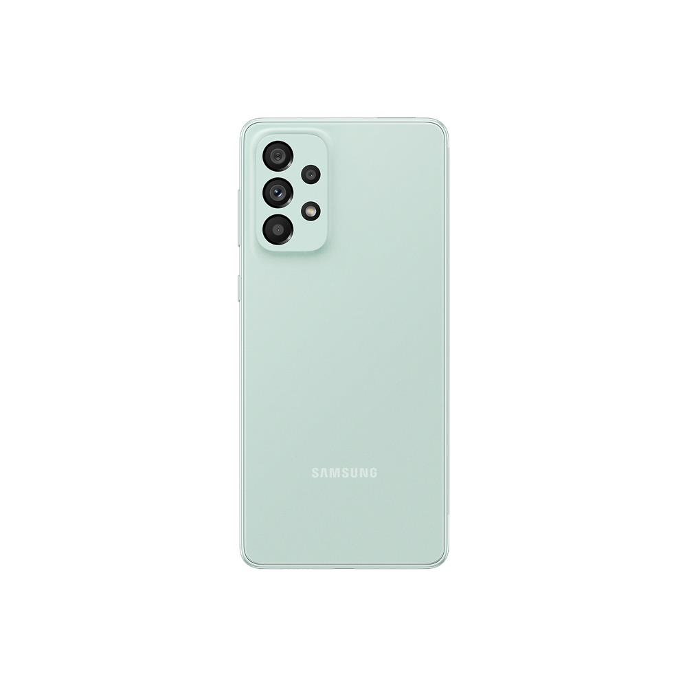 Açık yeşil Samsung telefonun arkası. Çoklu kameraları ve Samsung logosu var.
