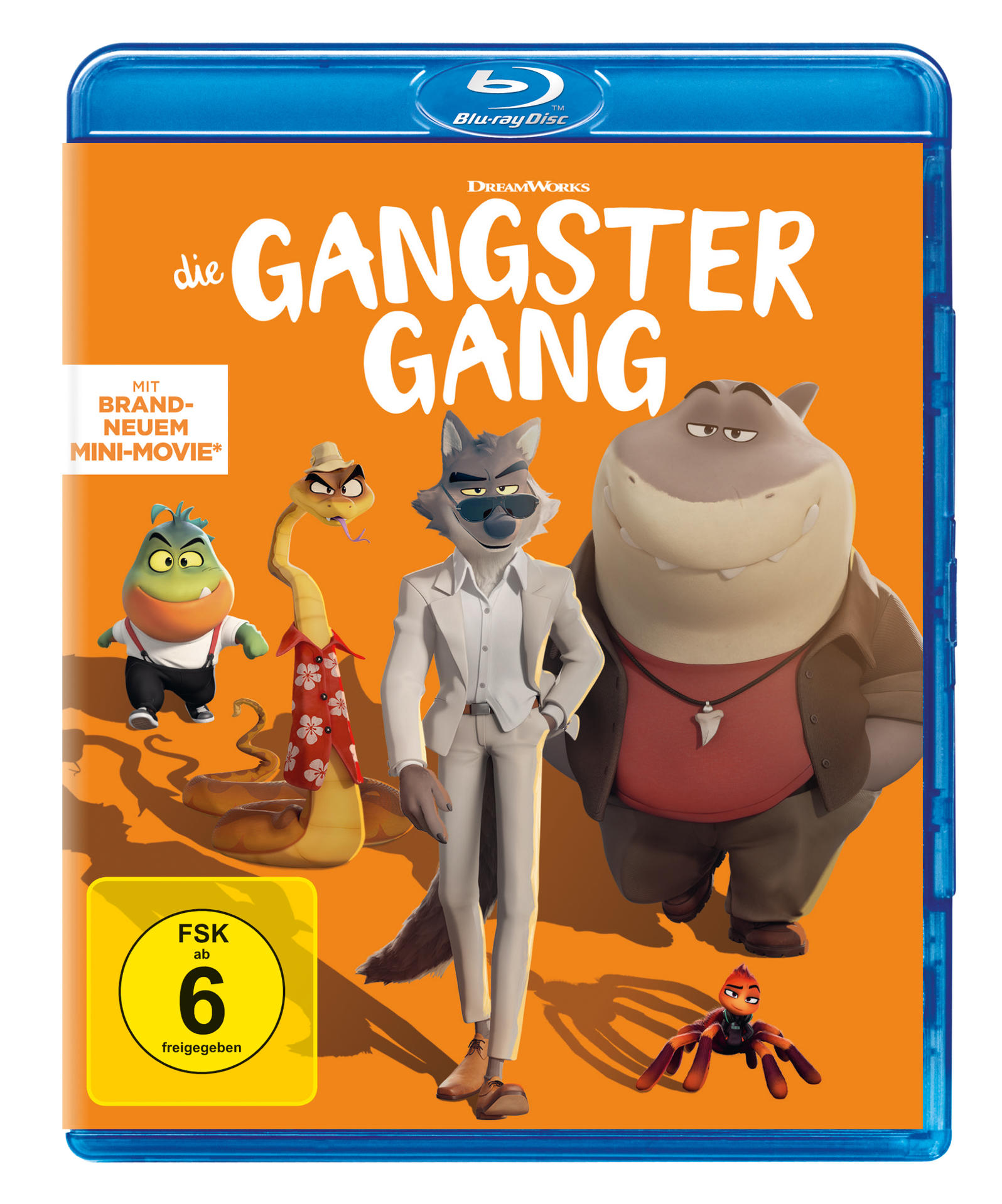 Filmcover mit Comicfiguren auf orangefarbenem Hintergrund. Der Titel ist Die Gangster Gang.