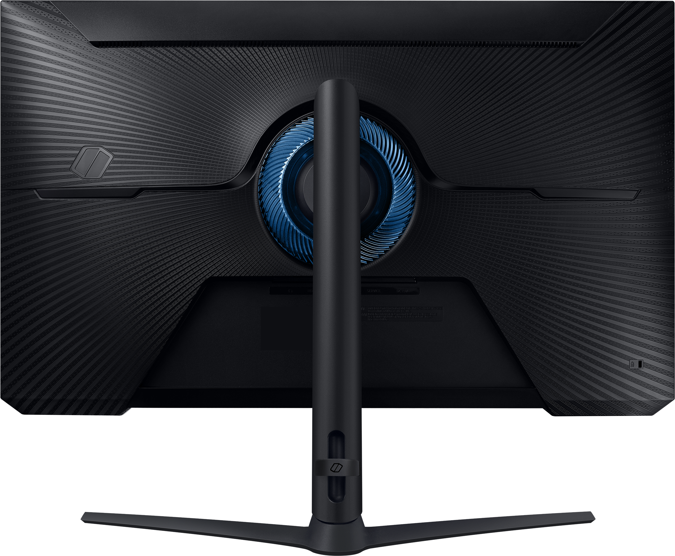 Arrière d'un moniteur noir avec un design circulaire bleu et divers ports.