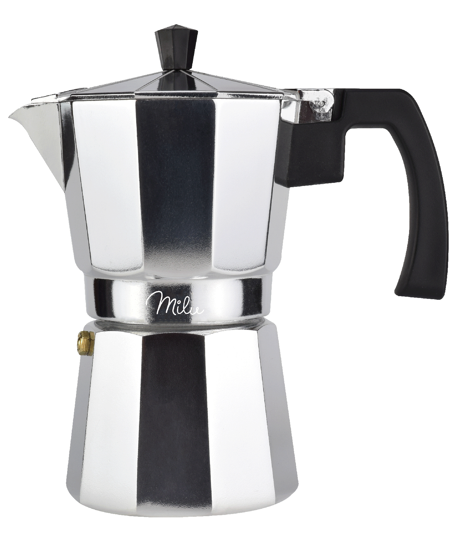 Eine glänzende, silberne Kaffeemaschine, Seitenansicht. Schwarzer Griff rechts, schwarzer Deckel. Isoliert auf Weiß.