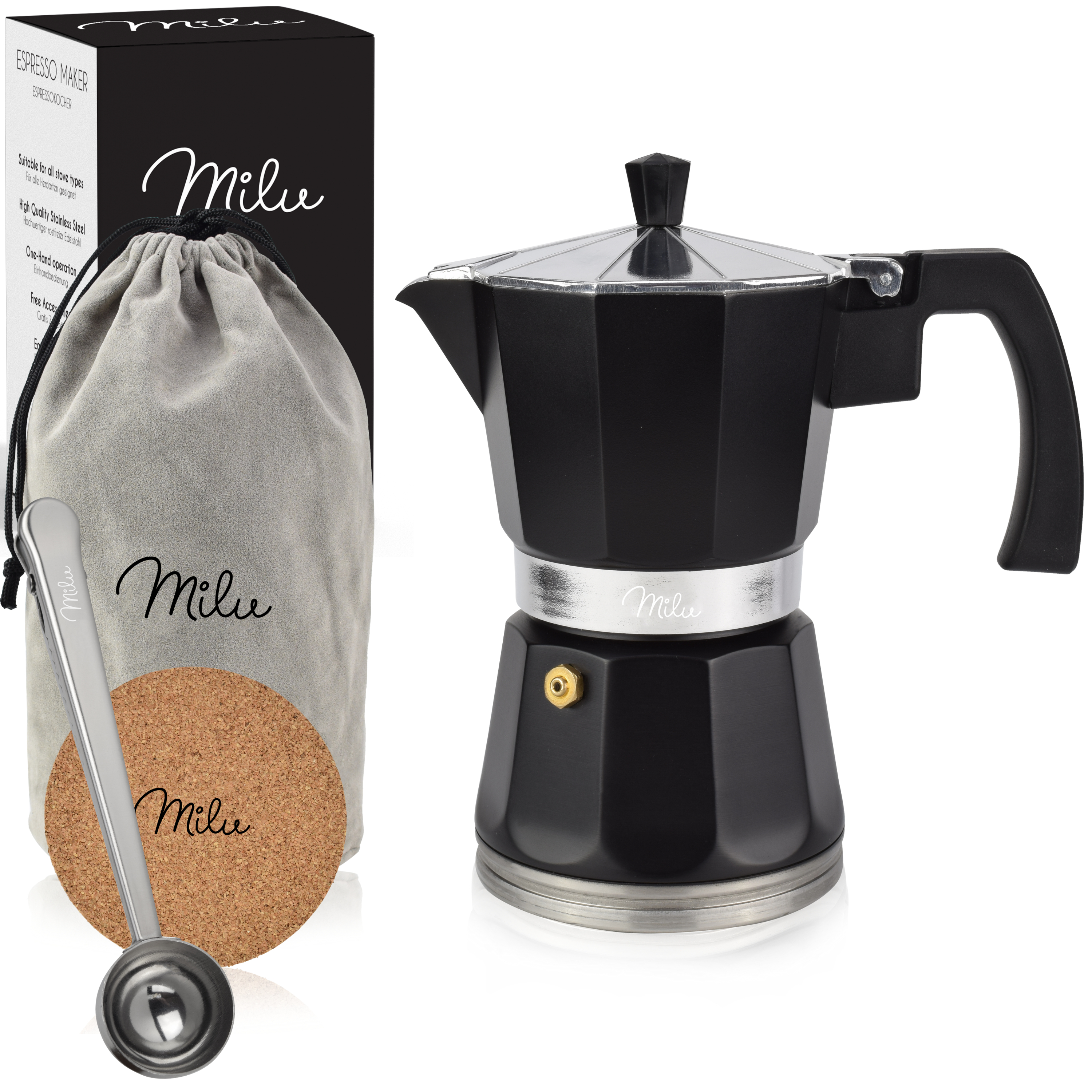 Schwarzer Espressokocher mit Zubehör: Tasche, Löffel und Korkuntersetzer.