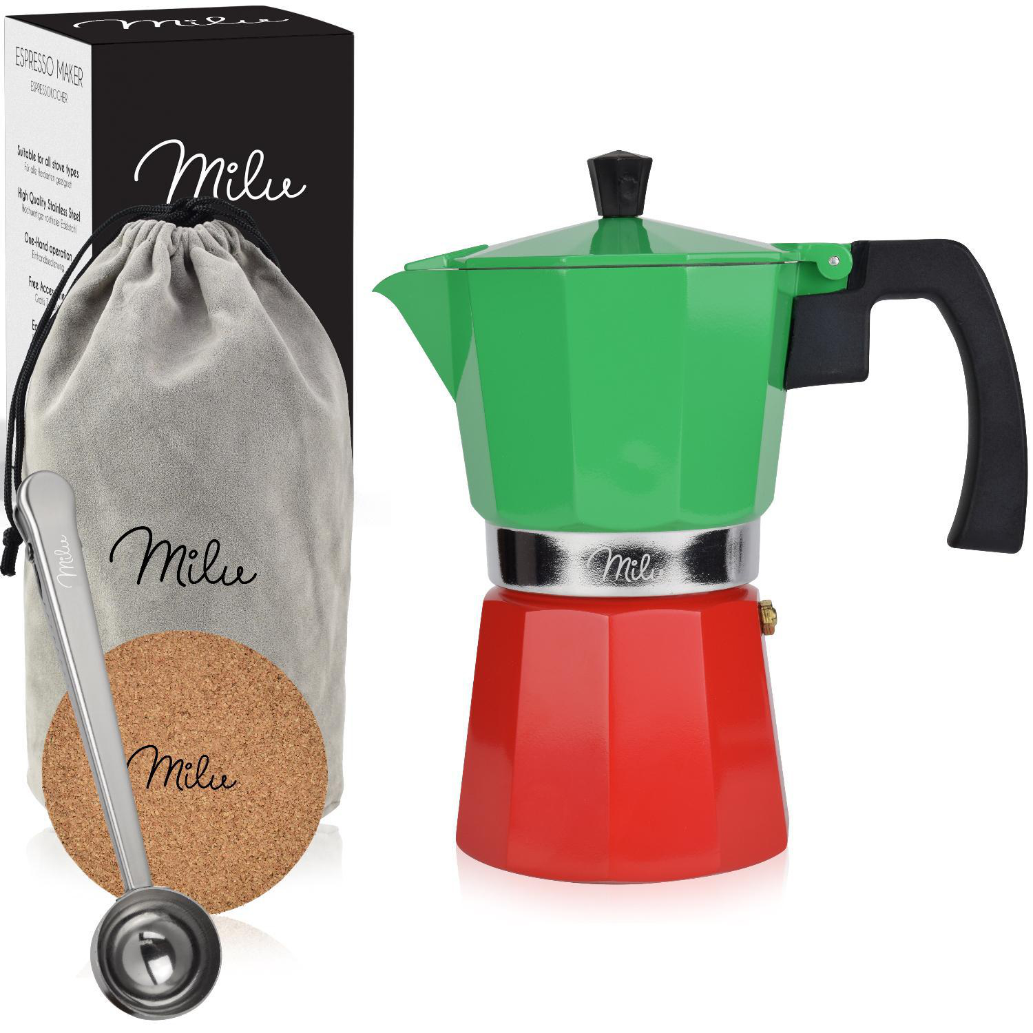 Ein bunter Espressokocher mit grünem Deckel und roter Basis, mit Zubehör.