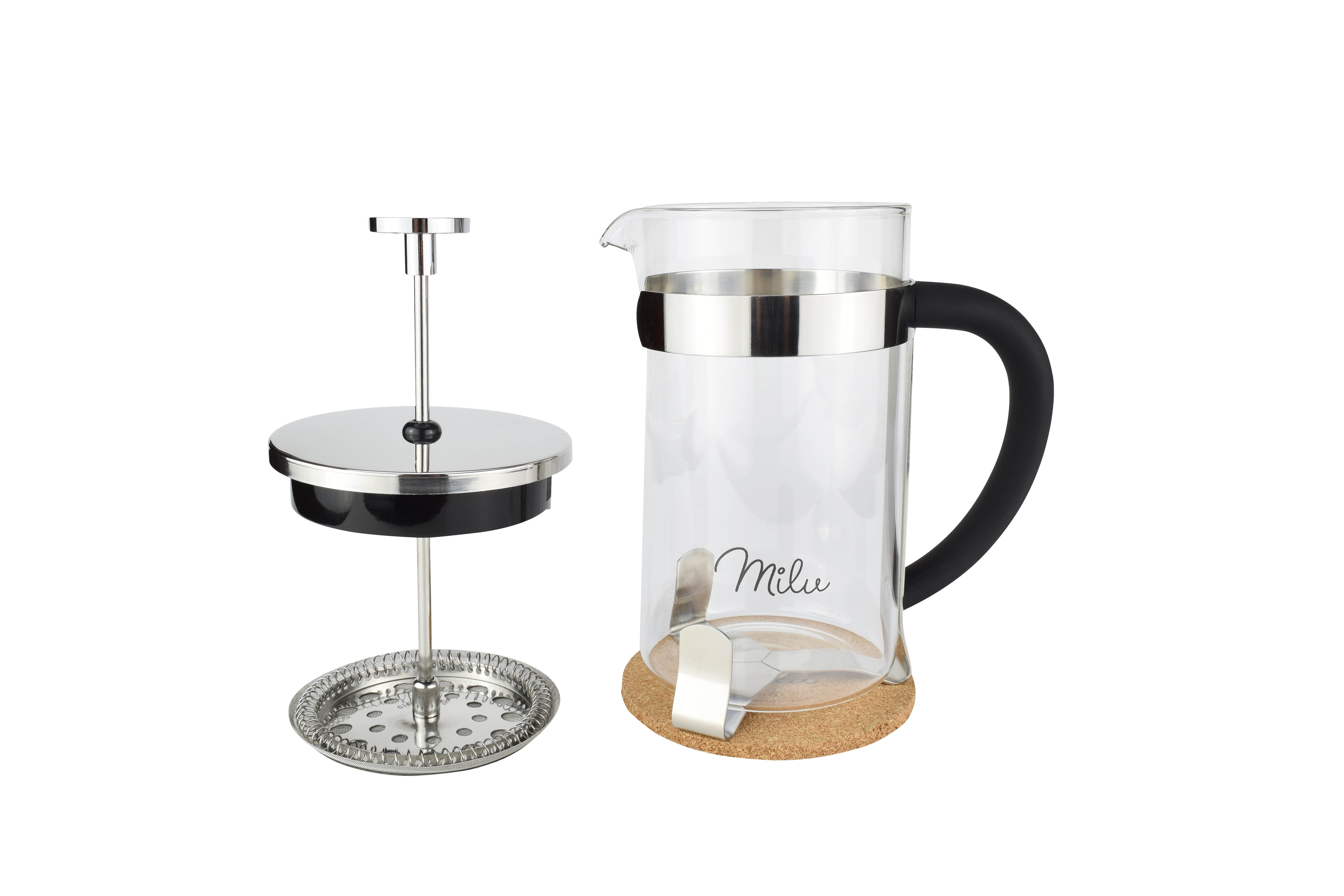 Eine Kaffeepresse aus Glas und ein Pressmechanismus aus Edelstahl. Der Griff ist schwarz.