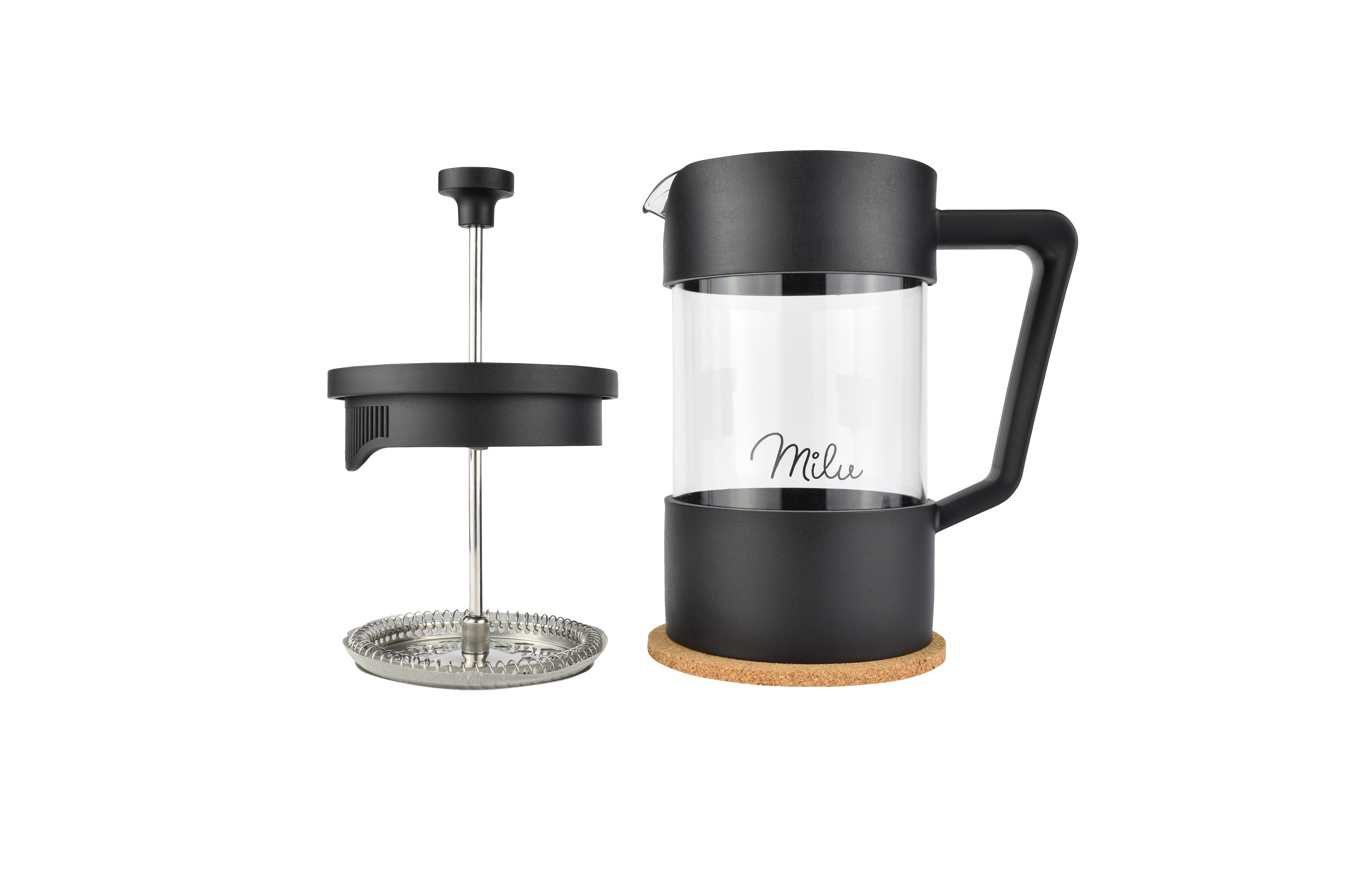 Ein schwarzer French-Press-Kaffeebereiter mit einer Glaskaraffe und einem schwarzen Deckel und Griff. Weißer Hintergrund.