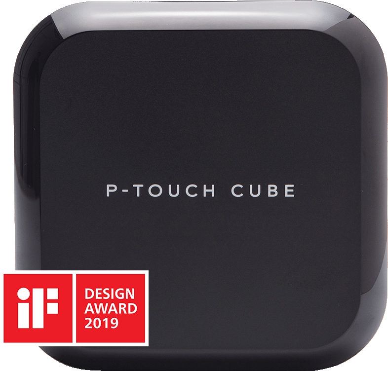 Zwarte P-Touch Cube labelmaker met een design award logo.